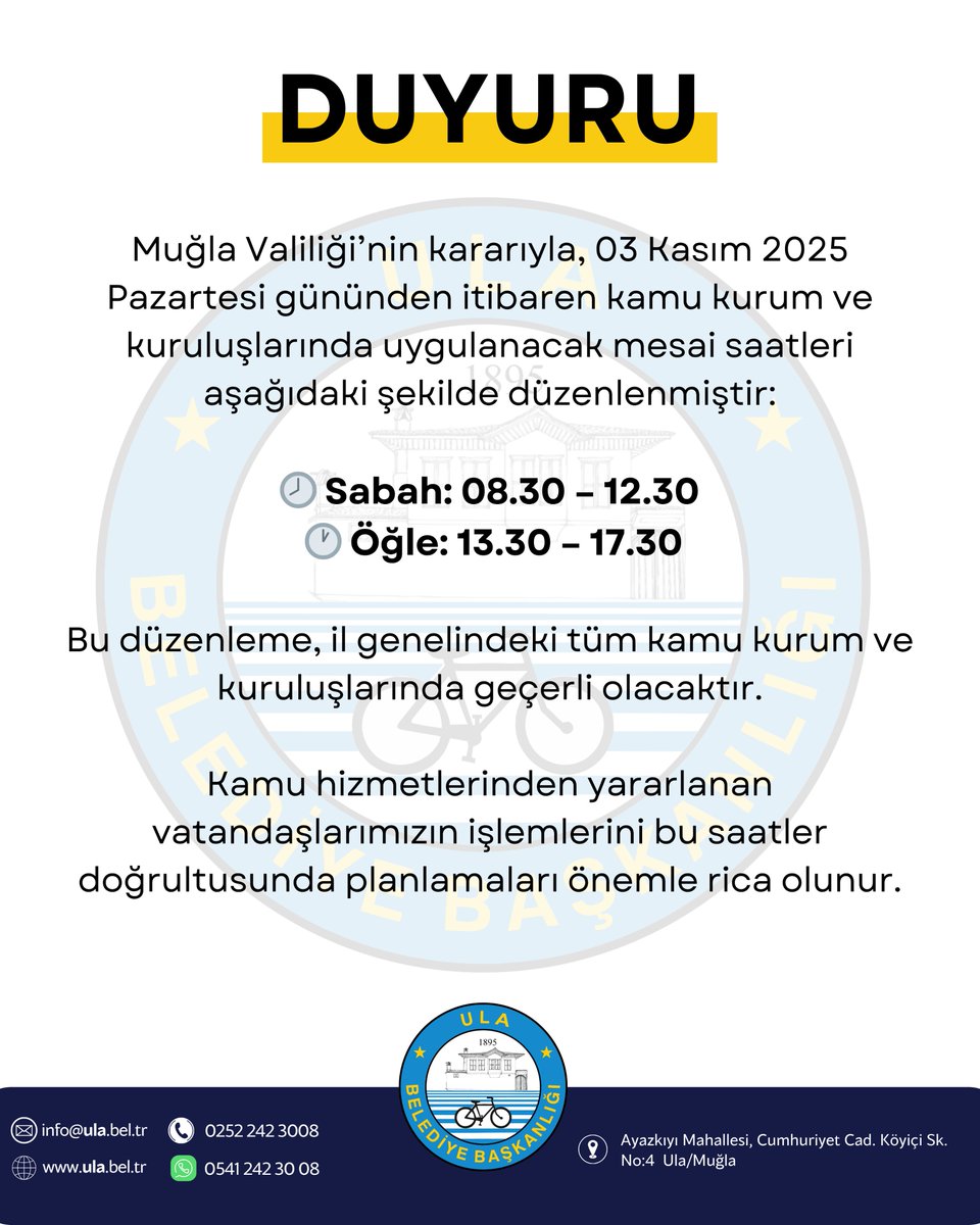Muğla'da Kamu Çalışma Saatleri Değişti: Yeni Mesai Düzeni 3 Kasım'da Başlıyor