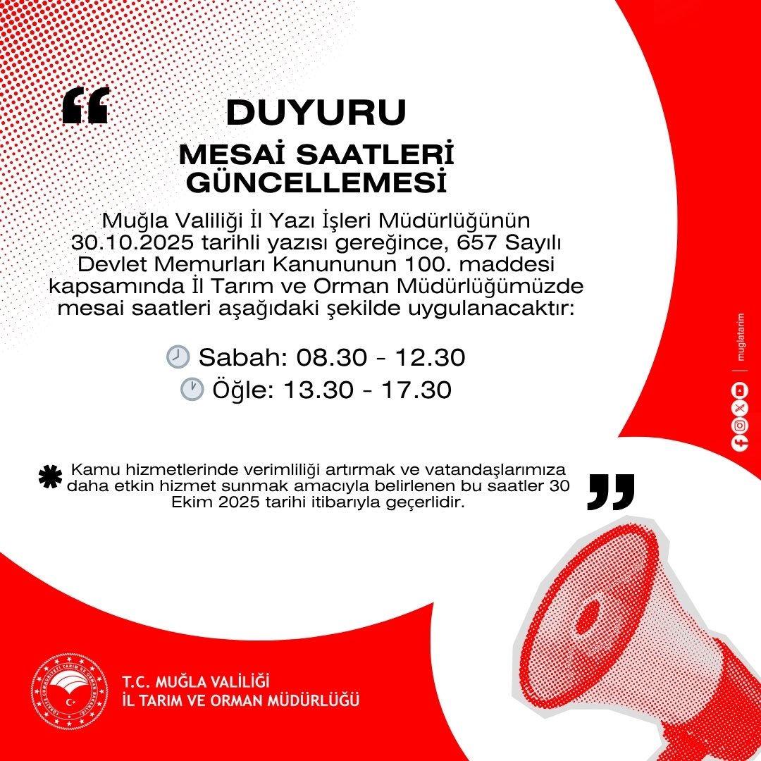 Muğla Tarım ve Orman Müdürlüğü'nde Mesai Saatleri Değişti