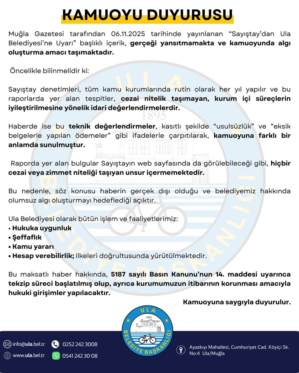 Ula Belediyesi'nden 'Sayıştay Raporu' Hakkında Tekzip ve Açıklama