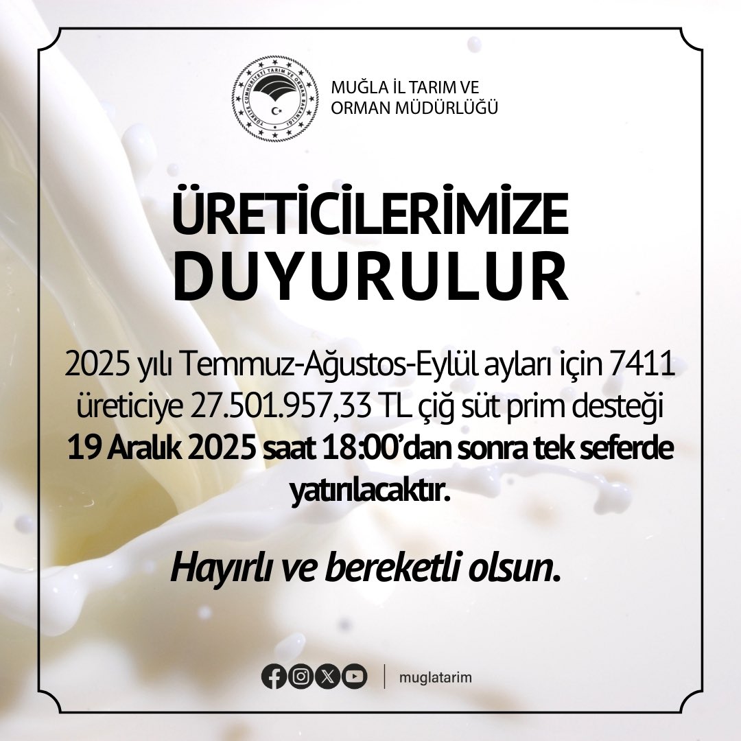 Muğla'da 2025 Çiğ Süt Desteği Üretici Hesaplarına Yatırılıyor