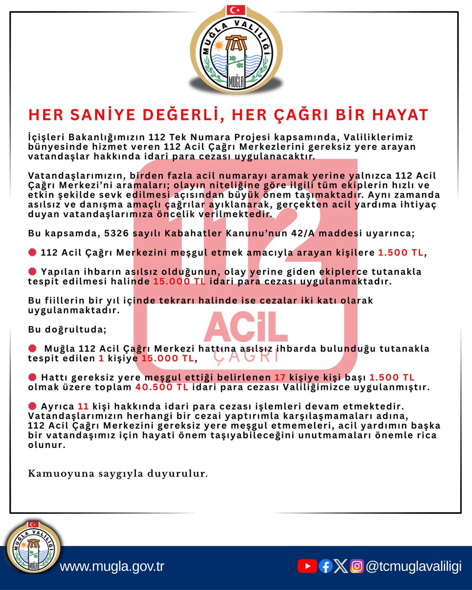 Muğla'da 112 Acil Hattını Gereksiz Arayanlara 40 Bin 500 TL Ceza