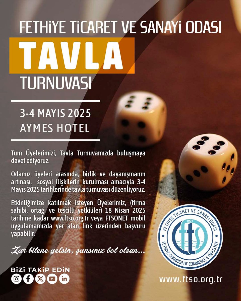 Fethiye Ticaret ve Sanayi Odası'ndan Üyelere Tavla Turnuvası Daveti