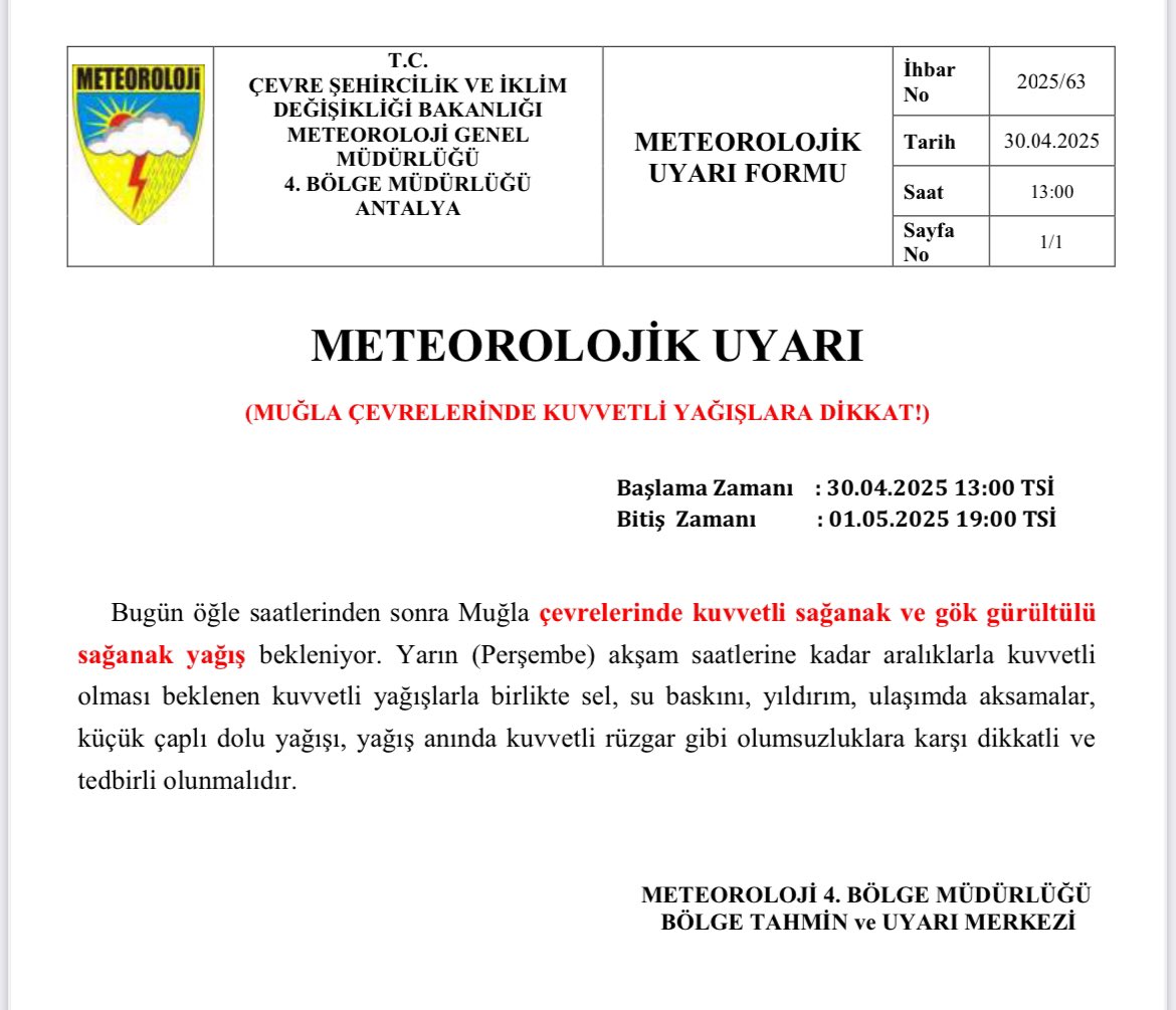 Muğla'da Kuvvetli Yağış Uyarısı: Vatandaşlara Tedbir Çağrısı