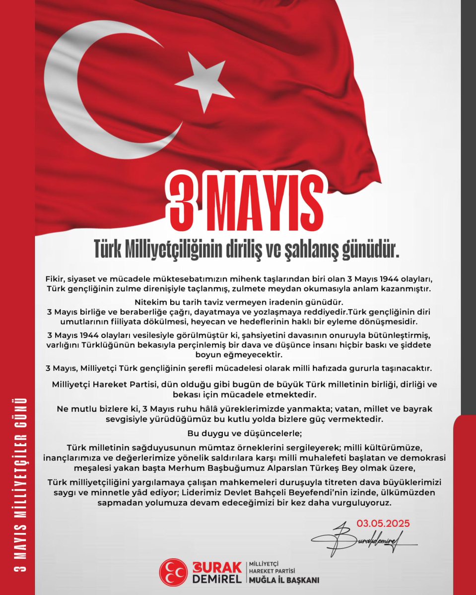 MHP Muğla, Milliyetçiler Günü'nde Mesaj Yayınladı