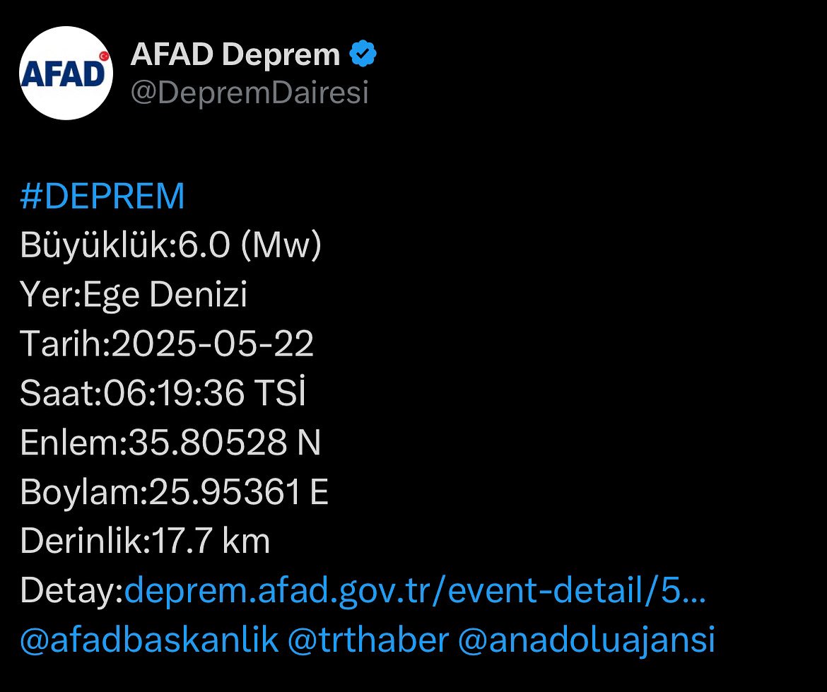 Ege Denizi'nde 6.0 Büyüklüğünde Deprem