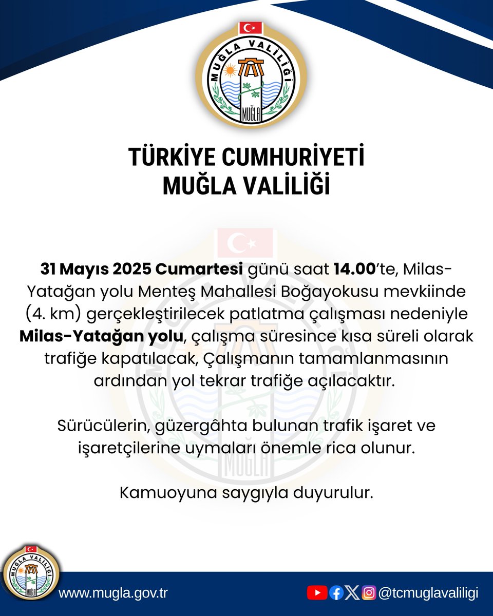 Muğla'da Milas-Yatağan Yolunda Patlatma Çalışması Sebebiyle Trafik Kapanacak