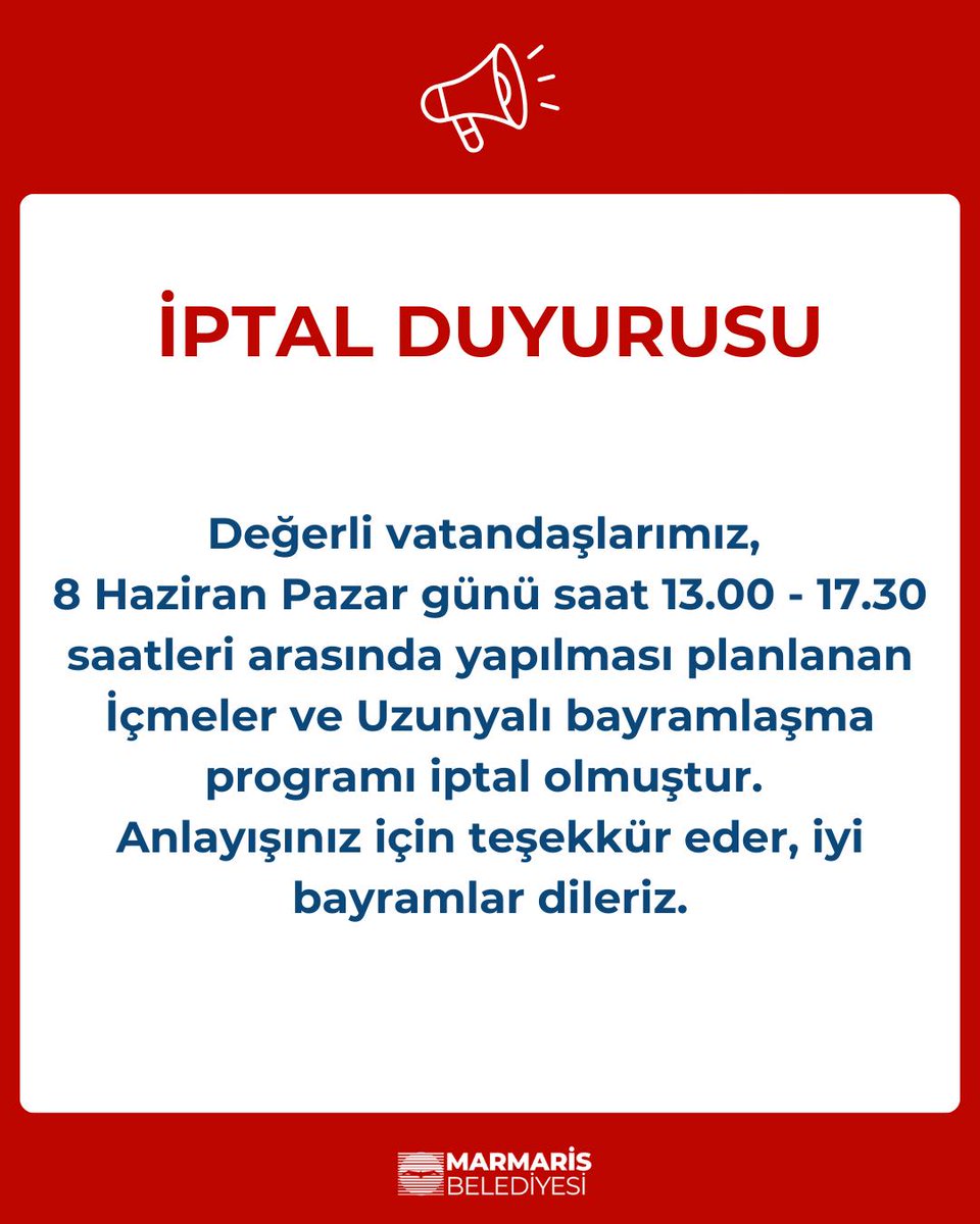 Marmaris Belediyesi İçmeler ve Uzunyalı Bayramlaşma Programı İptal Edildi