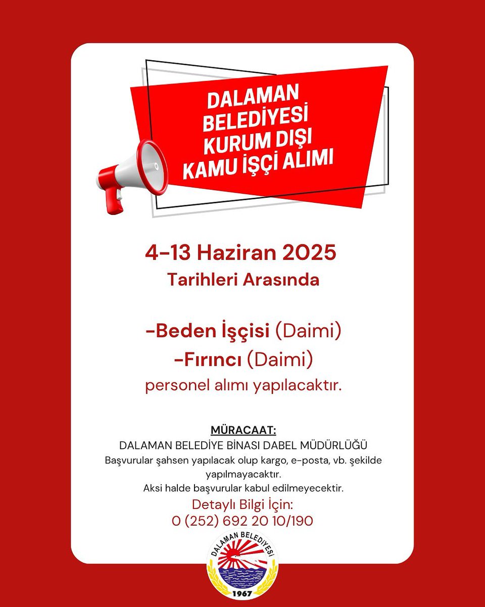 Dalaman Belediyesi Fırıncı ve Beden İşçisi Alacak