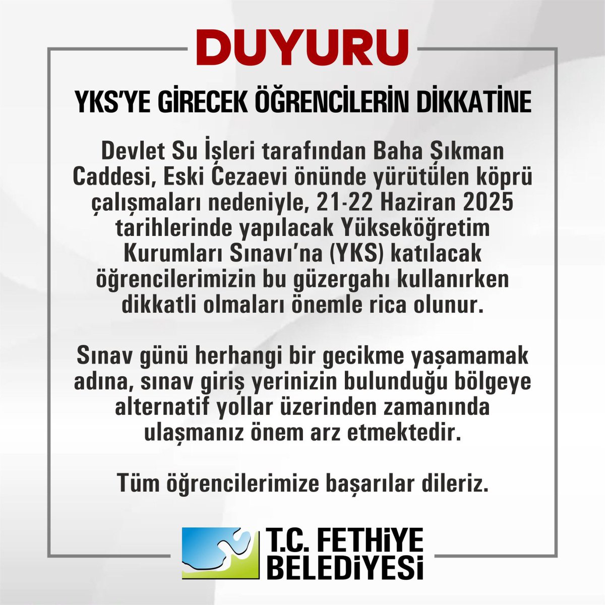 Fethiye Belediyesi YKS Adaylarına Destek Veriyor