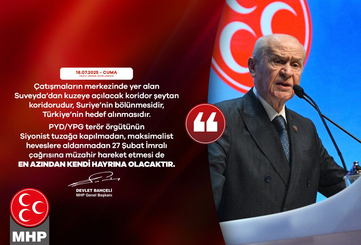 MHP'den Suriye'deki Gelişmelere İlişkin Açıklama: Koridor Tehlikesi ve PYD/YPG Uyarısı