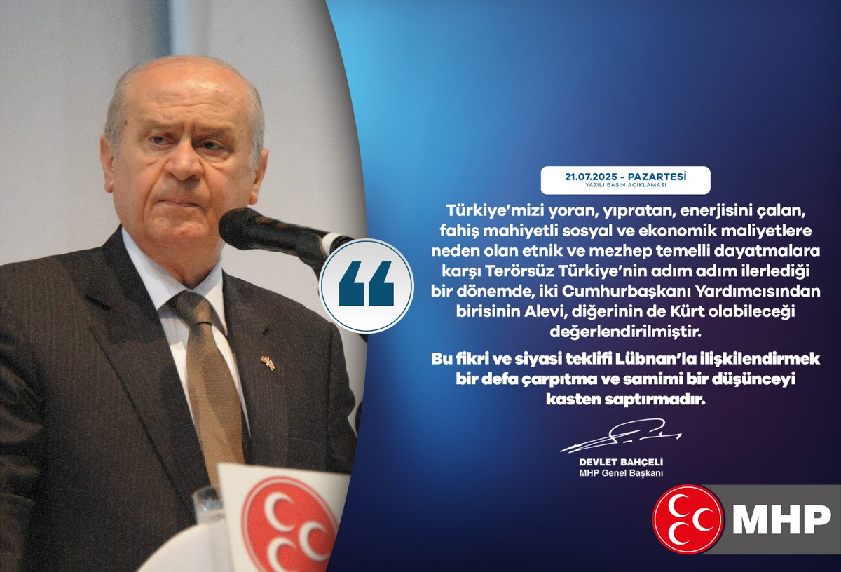 MHP'den Cumhurbaşkanı Yardımcıları Açıklaması: Etnik ve Mezhep Temelli Dayatmalara Karşı Terörsüz Türkiye Vurgusu