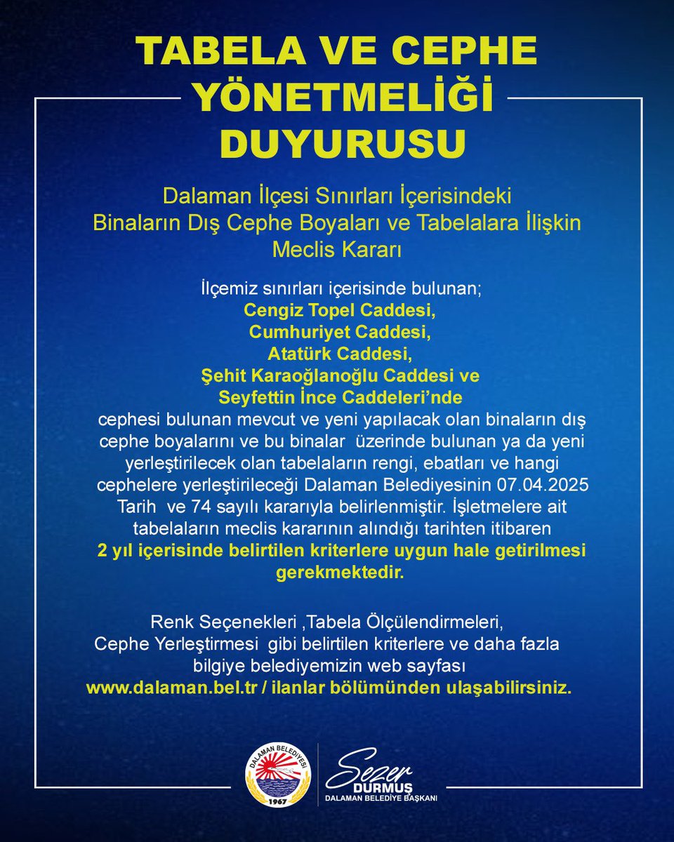 Dalaman'da Cephe ve Tabela Yönetmeliğinde Yeni Düzenleme