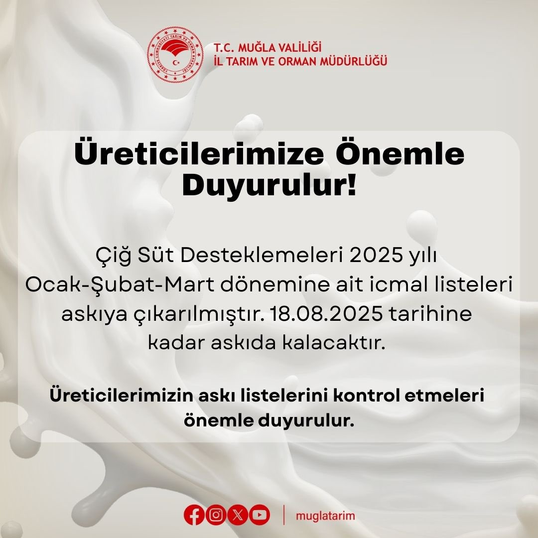 Muğla'da Çiğ Süt Desteklemeleri için İcral Listeleri Askıda