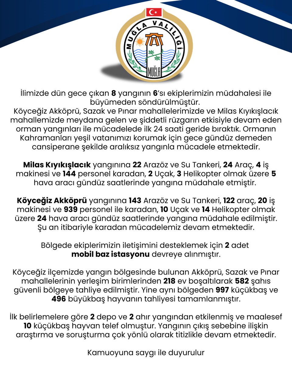 Muğla'da 8 Orman Yangını Kontrol Altına Alındı: Evler Tahliye Edildi, Hayvanlar Güvenli Bölgelere Taşındı