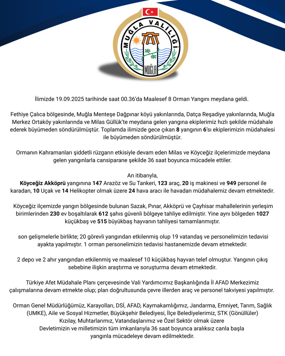 Muğla'da 8 Orman Yangını Kontrol Altına Alındı: Devlete Ait Tüm İmkanlarla Müdahale Devam Ediyor