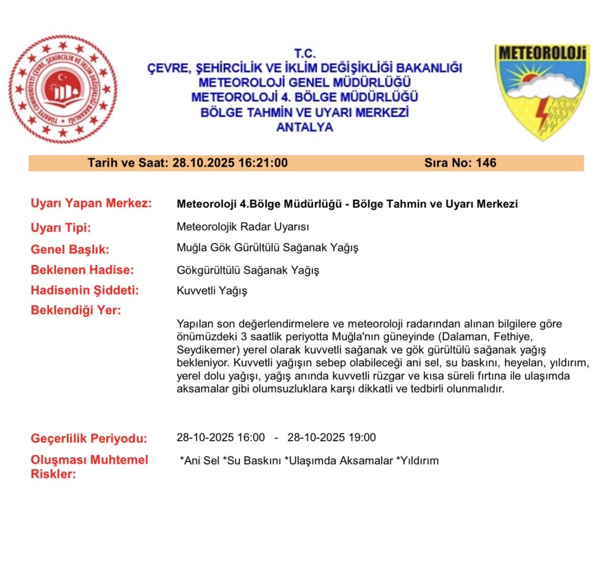 Fethiye ve Seydikemer'de Kuvvetli Sağanak Uyarısı